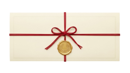 Elegant cream paper envelope with red ribbon and gold wax seal isolated PNG, vintage stationery for invitations and special occasions