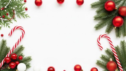 Festive Holiday Frame: A cheerful, eye-level composition of Christmas decorations with red ornaments and candy canes, framed by evergreen branches. A festive and warm atmosphere.