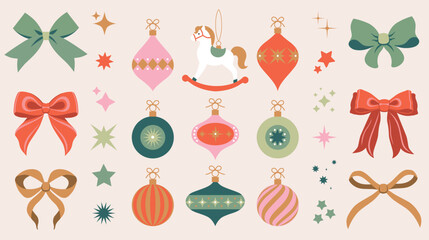 Christmas ornaments. Trendy minimalist geometric style. Merry Christmas. Cartoon, flat vector illustration. Xmas background. Patterns: stripes, stars, sparkles. Christmas tree decor. Winter, december