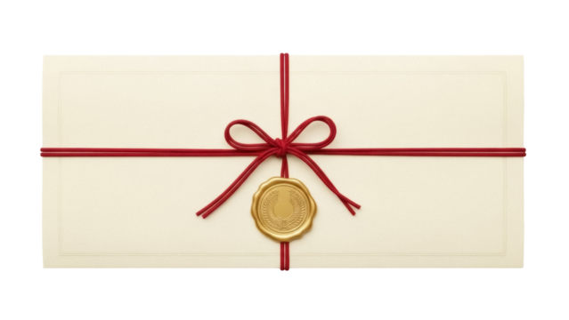 Elegant cream paper envelope with red ribbon and gold wax seal isolated PNG, vintage stationery for invitations and special occasions