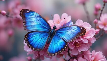 Stunning blue butterfly resting on vibrant pink cherry blossoms in spring