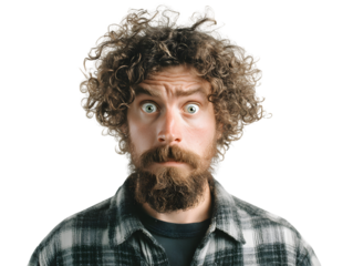 Ultra-realistic anxious man with fearful expression standing on transparent background, wide eyes and tense posture in soft studio portrait lighting