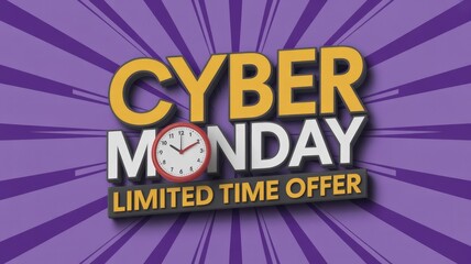 Vibrant 3D text announces "Cyber Monday" and "Limited Time Offer" with a clock on a dynamic purple radial background, promoting urgent online shopping deals.
