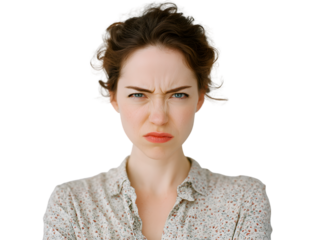 Ultra-realistic angry woman with furrowed brows, clenched jaw, and intense glare, standing on transparent background in tense and frustrated expression with soft studio lighting