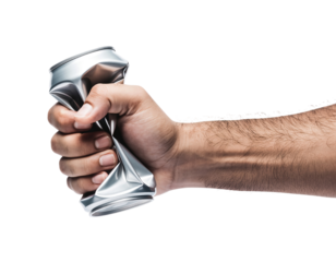 Hand crushing an aluminum soda can, demonstrating recycling concept isolated on transparent background