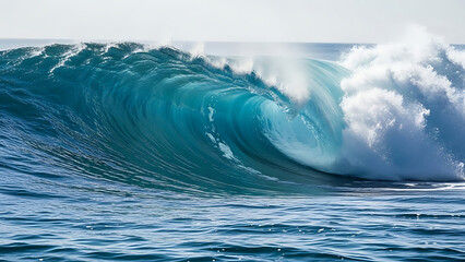 A powerful, curling ocean wave with turquoise water, illuminated by sunlight, breaking on a beach with white foam