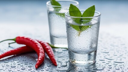 Cool Refreshment: Two shot glasses, filled with chilled drinks, accented by vibrant red chili peppers. A refreshing view on a wet surface.