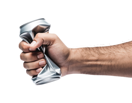 Hand crushing an aluminum soda can, demonstrating recycling concept isolated on transparent background - Powered by Adobe