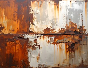 Abstract background of rusted metal sheets with peeling paint texture