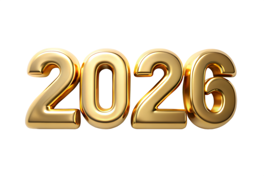 Golden three-dimensional digits forming the year 2026, rendered with a luxurious metallic shine, perfect for celebrating future milestones, annual reports, business, and new beginnings.