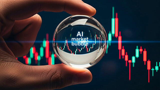 A glass ball and AI market bubble concept on the stock chart.