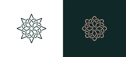 Star flower logo design with floral line art in gold for beauty spa and eco friendly products, leaves, Cosmetics, Jewelry, Beauty salon, Boutique icon symbol sign illustration template