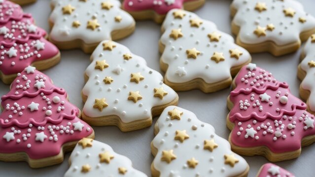Festive Cookies: A delightful assortment of Christmas tree-shaped cookies, each meticulously decorated with sweet icing and sparkling stars, evokes a feeling of holiday cheer and culinary artistry.