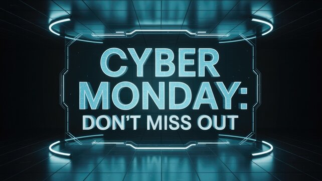 A captivating, futuristic blue digital display announces 'CYBER MONDAY: DON'T MISS OUT', emphasizing technology-driven shopping deals and urgency. - Powered by Adobe