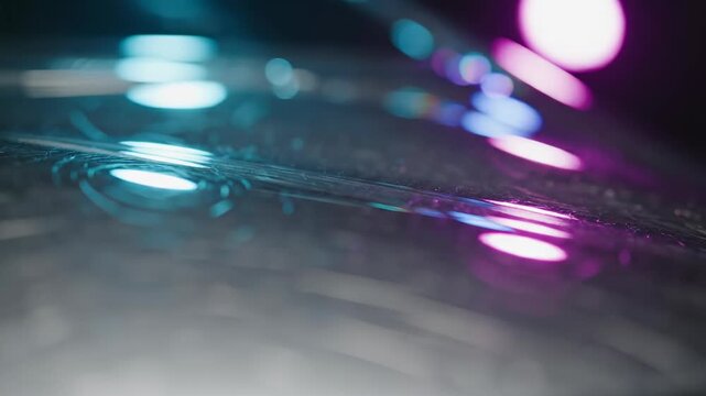 Extreme close-up cinematic shot showing highly detailed reflective chrome surface texture slowly shifting focus and capturing deep complex light refractions movement, pattern, close-up