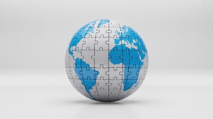 A 3D rendering of a globe made from jigsaw puzzle pieces, representing a complete world with blue continents on a white background.