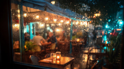 Rainy window view of outdoor cafe with lights and people enjoying the evening atmosphere outside