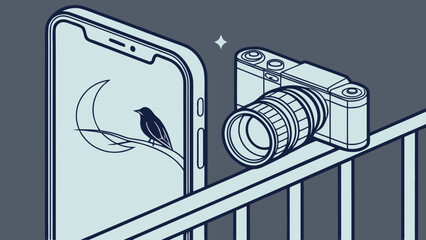 A minimalist illustration of a smartphone and camera, featuring a bird silhouette, symbolizing photography and nature.