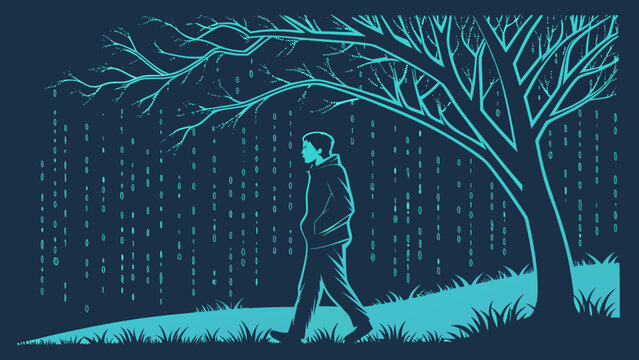 A contemplative young man walks under a binary tree, immersed in a digital landscape that blends technology with nature.