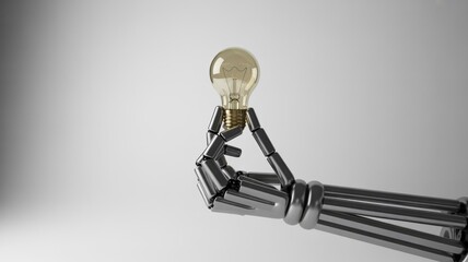 A robotic arm delicately holds a classic incandescent light bulb, symbolizing artificial intelligence, innovation, ideas, and the future of technology.