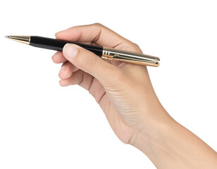 Hand holding a sophisticated black and gold pen ready to write isolated on transparent background