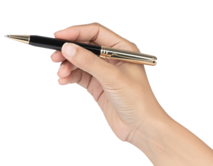 Hand holding a sophisticated black and gold pen ready to write isolated on transparent background