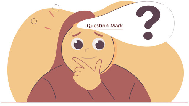 Thoughtful young woman with a question mark illustration, pondering her next move.