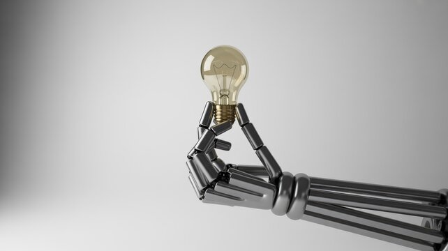 A robotic arm delicately holds a classic incandescent light bulb, symbolizing artificial intelligence, innovation, ideas, and the future of technology. - Powered by Adobe