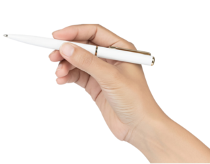 Human hand holds white ballpoint pen poised to write or point isolated on transparent background