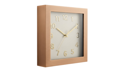 Square wall clock with gold numbers isolated PNG, modern timekeeping device on transparent background for design projects