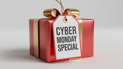 A shiny red gift box with a gold ribbon and bow features a white tag reading 'CYBER MONDAY SPECIAL' on a clean background.