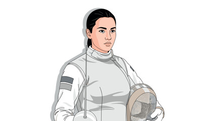 Female fencer in athletic gear holding mask and épée sword on white background