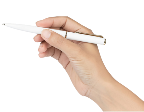 Human hand holds white ballpoint pen poised to write or point isolated on transparent background