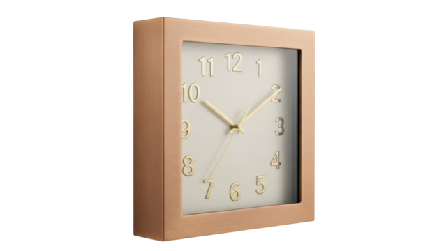 Square wall clock with gold numbers isolated PNG, modern timekeeping device on transparent background for design projects