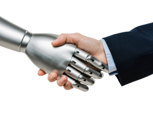 Human and robot hands shake, symbolizing future tech partnership isolated on transparent background