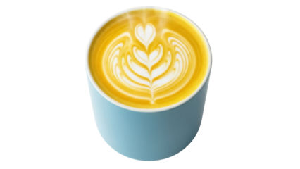 Latte art in a blue cup isolated PNG on transparent background, coffee drink with heart and leaf pattern for cafe menu