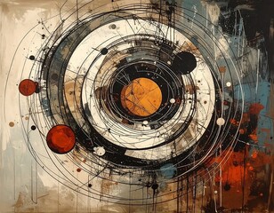Abstract concentric circles with orange sphere in center, modern expression