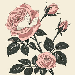 Rose vector art with pink roses and detailed leaves. Perfect for wedding invitations, greeting cards, and floral designs.