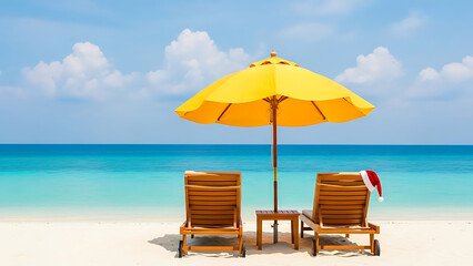 Obraz premium Beach chairs and umbrella with Santa hat on tropical beach