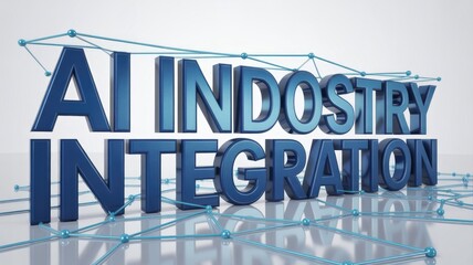 A 3D rendering displays "AI INDUSTRY INTEGRATION" in bold blue letters, connected by a futuristic network grid, symbolizing the convergence of artificial intelligence across various sectors.