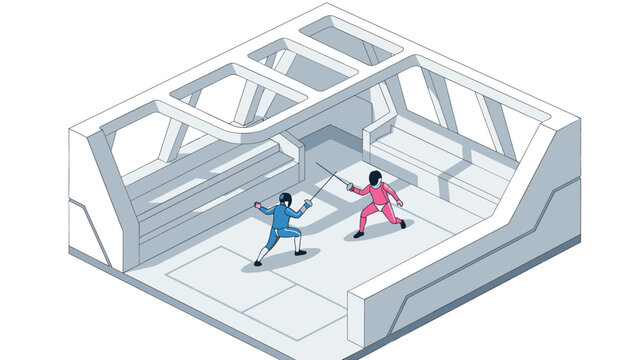 Futuristic fencing duel in geometric arena with isometric design