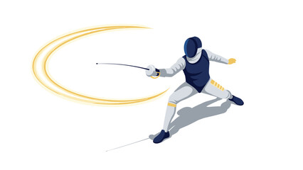 Obraz premium Dynamic fencer in action with sword swing effect on white background