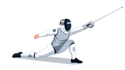 Dynamic fencing pose featuring a skilled athlete lunge in action