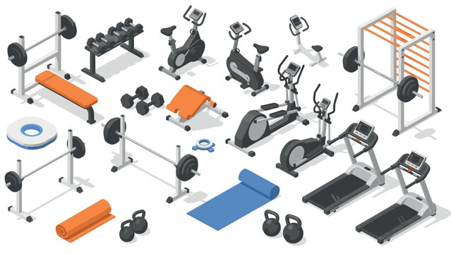 Isometric gym equipment set with treadmills, weights, and exercise bikes