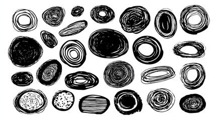 Hand-drawn black circles and ovals for highlighting text, black doodle scribble scrapbook isolated on white background Stock Illustration 