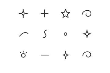 Cozy Icon Set. Cozy sparkling accents. Line outline icon set of Cozy sparkling accents: tiny flare, small