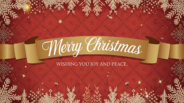 Merry christmas banner with snowflakes and wishing you joy and peace on a red background