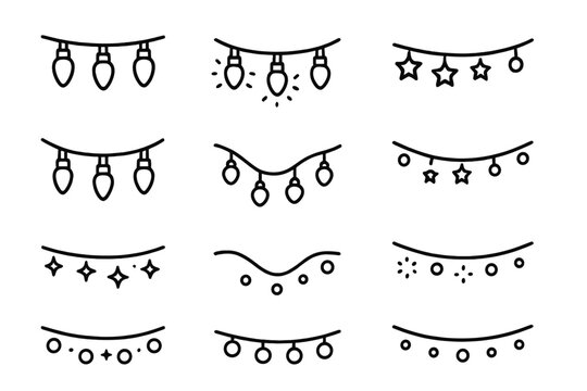 Holiday Lights Icons. Holiday string lights. Line outline icon set of Holiday string lights: light bulb, cord