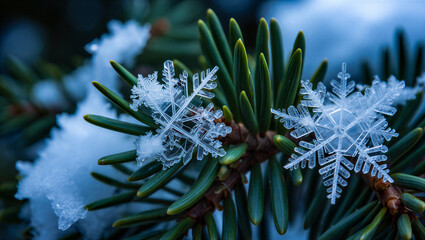 Close up of delicate ice crystals and snowflakes resting on the green needles of a pine tree branch covered in soft snow First Day of Winter