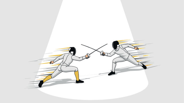 Dynamic fencing duel: two athletes in action under spotlight